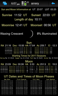 Screenshot of sun and moon information